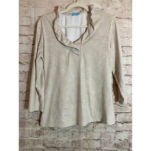 J. McLaughlin Top Medium Catalina Cloth Neutral Beige Micro Polka Dots Ruffles